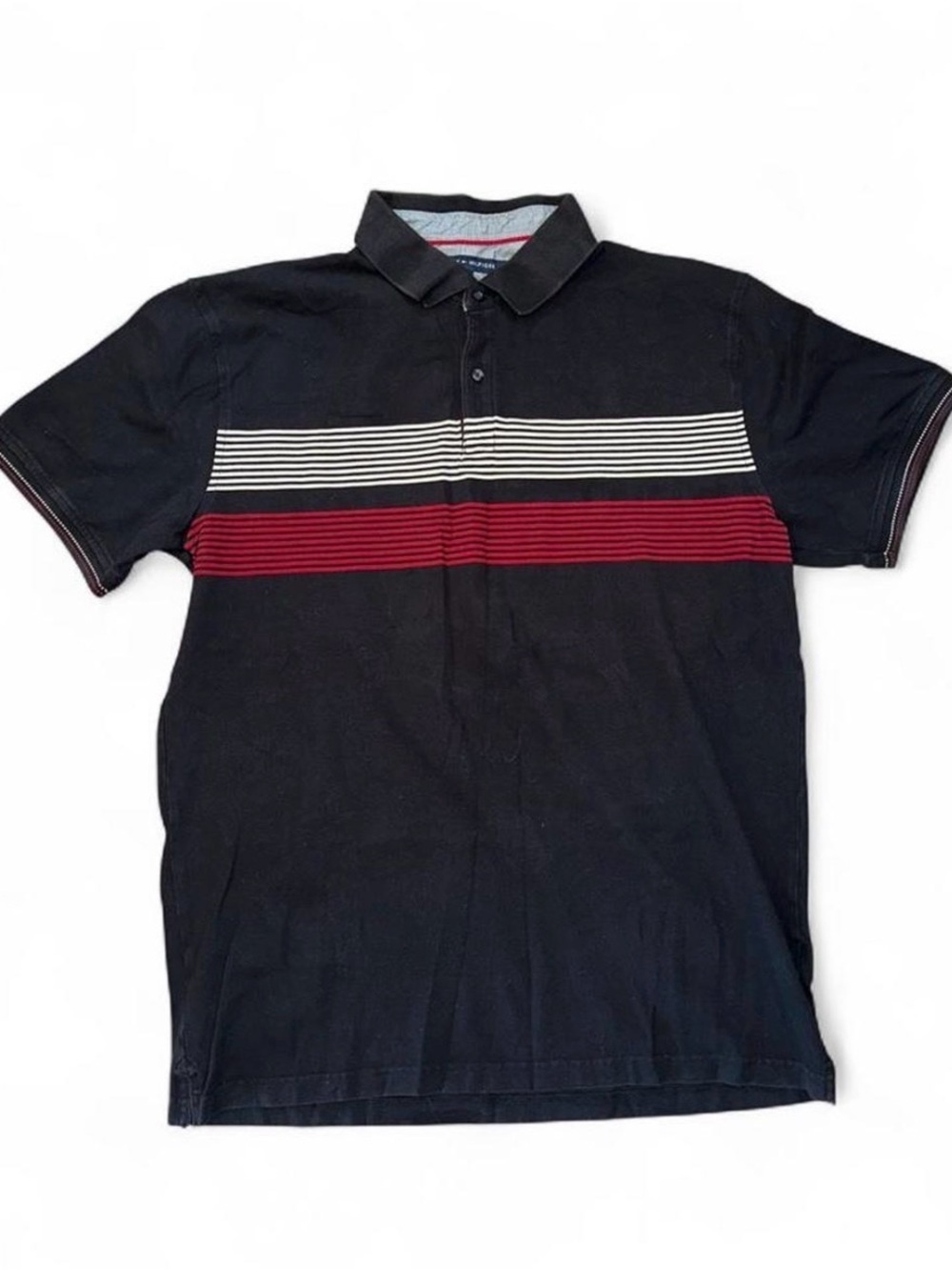 Classic Black Polo with White and Red Stripe Detail